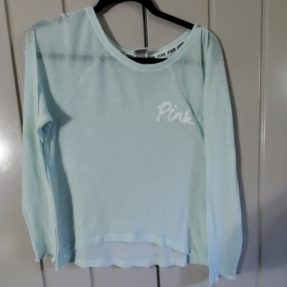 PINK Sheer Knit Long Sleeve Light Teal Top XS